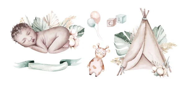 귀여운 신생아 수채화 아기입니다 새로운 태어난된 베이비 카드입니다 — 스톡 사진