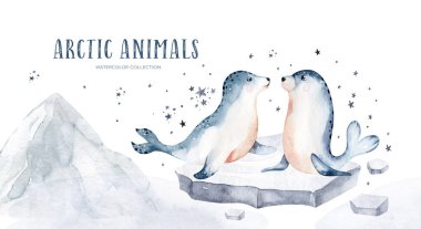 Set of watercolor illustrations of a seal with a baby seals isolated on a white background. Arctic water world