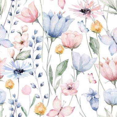 Soyut mavi çiçekler ve yapraklarla kusursuz bir çiçek deseni. Kırsal vintage tarzı, tekstil veya duvar kağıtları arka planında suluboya renkli baskı.