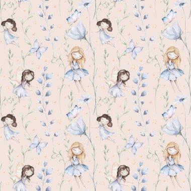 Peri ve Çiçekler suluboya, dikişsiz kız çocuk odası deseni. Çizgi film pembe sihirli kız bebek geçmişi. Sadık tekstil sanatı.