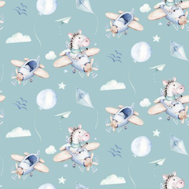 Watercolor airplane kid seamless pattern. Watercolor toy background baby cartoon cute pilot hippopotamus, zebra with hippo, lion aviation sky transport airplanes, clouds