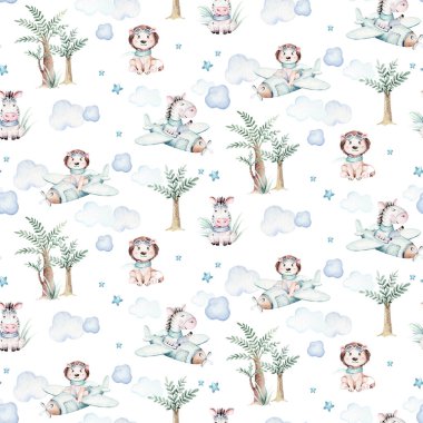 Watercolor airplane kid seamless pattern. Watercolor toy background baby cartoon cute pilot hippopotamus, zebra with hippo, lion aviation sky transport airplanes, clouds
