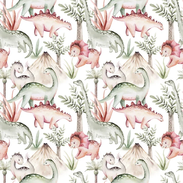 Watercolor nursery seamless pattern. Hand painted cute dinosaurs, tropical palm tree, jungle leaves, mountains. Dino illustration for design, wallpaper, scrapbooking