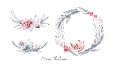 Watercolor winter wreath frame set. Branches with red holly berries. Round New year and Christmas frames with place for date, inscription, text. greeting cards, banners, invitation.