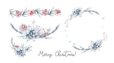 Watercolor winter wreath frame set. Branches with red holly berries. Round New year and Christmas frames with place for date, inscription, text. greeting cards, banners, invitation.