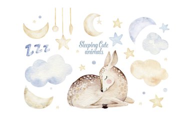 Tatlı rüyalı karikatür hayvan eli suluboya çizimi. Tişört baskısı, çocuk yuvası moda tasarımı, bebek partisi davetiyesi....