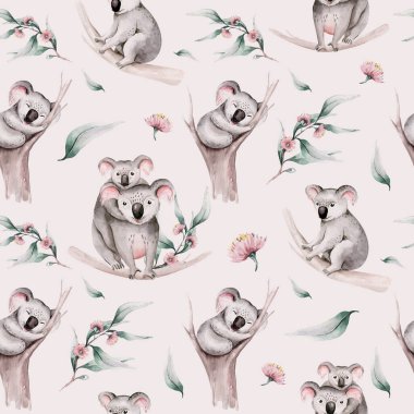 Suluboya desensiz çizgi film bebek koala tropikal hayvan çizimi. Orman egzotik yaz baskısı. Avustralya hayvanat bahçesi tasarımı