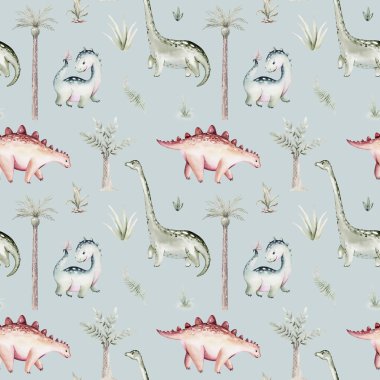 Suluboya bebek odası pürüzsüz desen. El boyaması sevimli dinozorlar, tropikal palmiye ağaçları, orman yaprakları, dağlar. Tasarım, duvar kağıdı, hatıra defteri için dinozor illüstrasyonu