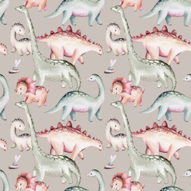 Suluboya bebek odası pürüzsüz desen. El boyaması sevimli dinozorlar, tropikal palmiye ağaçları, orman yaprakları, dağlar. Tasarım, duvar kağıdı, hatıra defteri için dinozor illüstrasyonu