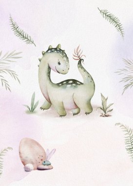 Cute cartoon baby dinosaurs collection watercolor illustration, hand painted dino isolated on a white background for nursery poster decoration. Rex children funny clipart