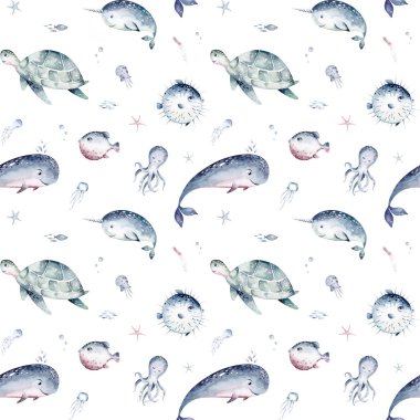Su altı dünyası, balık, balina, köpekbalığı, yunus, denizyıldızı, denizanası, alg ve deniz kabukları ile suluboya desenleri