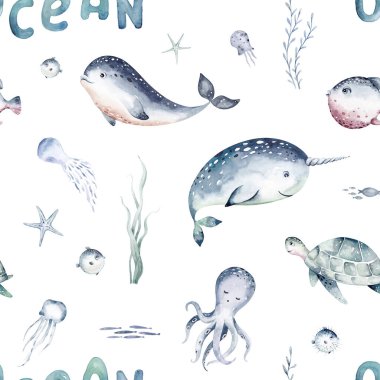 Su altı dünyası, balık, balina, köpekbalığı, yunus, denizyıldızı, denizanası, alg ve deniz kabukları ile suluboya desenleri