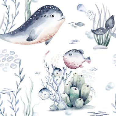 Su altı dünyası, balık, balina, köpekbalığı, yunus, denizyıldızı, denizanası, alg ve deniz kabukları ile suluboya desenleri