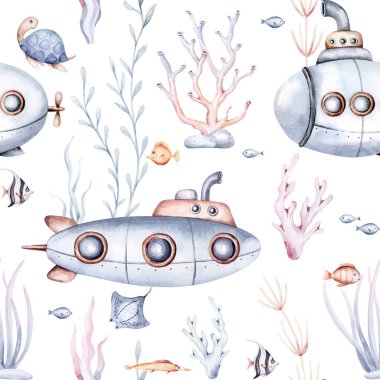 Watercolor seamless pattern with cute cartoon kids submarine. Texture for wallpaper, print, packaging, invitations, packaging, cover design, travel, fabric, kids design.