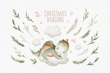 Karikatür 2024 Yeni Yıl Kartı Ejderha illüstrasyon seti, mutlu yıllar ve Noel çocuksu daveti