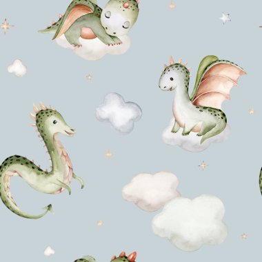 Çizgi film şirinliği 2024 Yeni Yıl Kart Ejderhası kusursuz desen, mutlu yıllar ve çocuksu geçmiş.