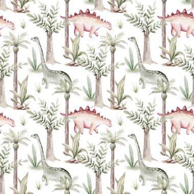 Suluboya bebek odası pürüzsüz desen. El boyaması sevimli dinozorlar, tropikal palmiye ağaçları, orman yaprakları, dağlar. Tasarım, duvar kağıdı, hatıra defteri için dinozor illüstrasyonu