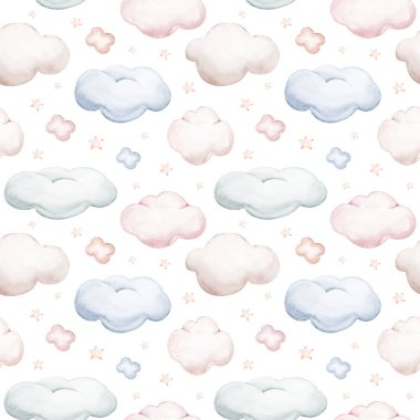 Çizgi film bulutları, sihirli yavru ayı tavşan oyuncakları ve gökkuşağı desenleri. Beyaz arkaplan ile suluboya el çizimi.