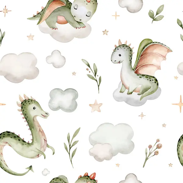 Cartoon cute 2024 New Year\'s card Dragon seamless pattern, happy new year and christmas childish background