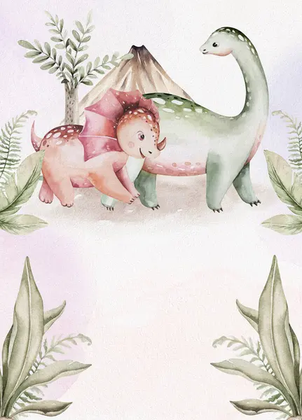 Cute cartoon baby dinosaurs collection watercolor illustration, hand painted dino isolated on a white background for nursery poster decoration. Rex children funny