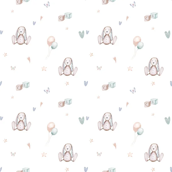 Seamlesss pattern with cartoon clouds, magic baby bear bunny toys and rainbow. Watercolor hand drawn illustration with white background.