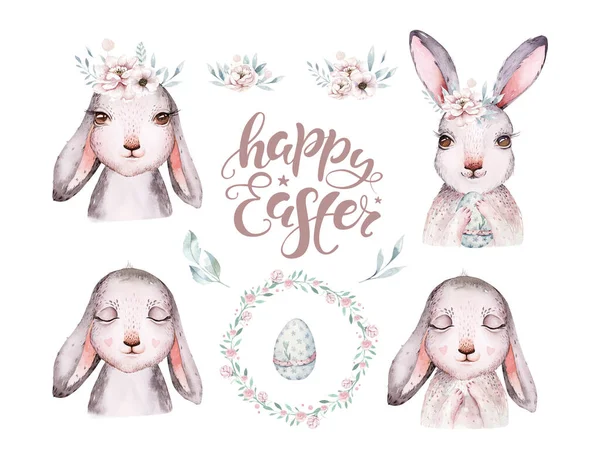 Ručně Kreslené Akvarel Šťastný Velikonoční Set Králíčci Design Králík Bohémský Stock Snímky
