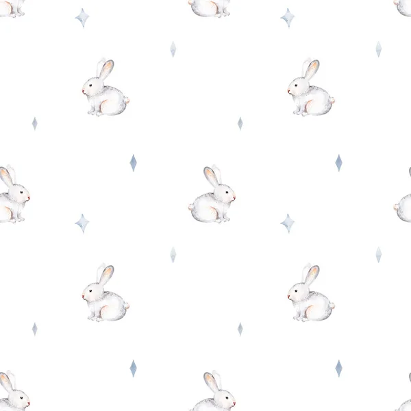Cute baby rabbit animal seamless pattern, forest illustration for children clothing. Woodland watercolor Hand drawn boho image for cases design, nursery posters, postcards