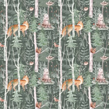 Woodland hayvanları suluboya desenli. Bebek geyikli kumaş duvar kağıdı ormanı, Baykuş, tilki ve kelebek, orman tavşanı, ayı ve kuş yavrusu yuvası