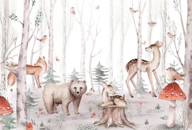 Woodland çizgi filmi Hayvanlar suluboya resimleme şablonu. Bebek partisi geyikleri, doğum günü daveti bebek geyikleri, ormandaki tilkiler için yapılmış bir çerçeve. Ayı, tavşan ve kuşlar