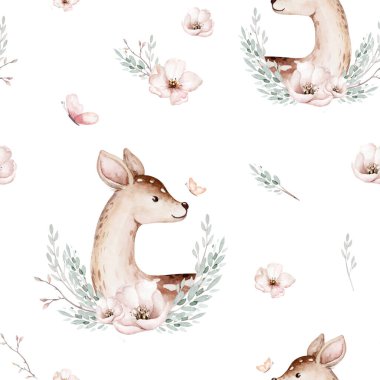 Woodland hayvanları suluboya desenli. Bebek geyikli kumaş duvar kağıdı ormanı, Baykuş, tilki ve kelebek, orman tavşanı, ayı ve kuş yavrusu yuvası