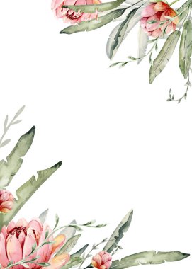 Filli, maymunlu ve papağanlı, papağanlı ve zürafalı Afrika bitkilerinin suluboya arkaplanı. tropik yapraklar