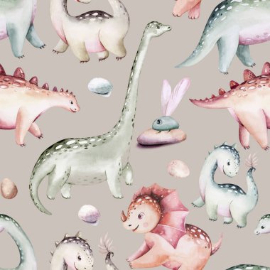 Suluboya bebek odası pürüzsüz desen. El boyaması sevimli dinozorlar, tropikal palmiye ağaçları, orman yaprakları, dağlar. Tasarım, duvar kağıdı, hatıra defteri için dinozor illüstrasyonu