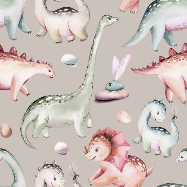 Watercolor nursery seamless pattern. Hand painted cute dinosaurs, tropical palm tree, jungle leaves, mountains. Dino illustration for design, wallpaper, scrapbooking clipart