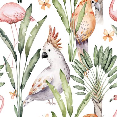 Hayvanlar suluboya desenli, zürafa ve filli, papağanlı vahşi maymun, palmiye ağaçlı papağan savanı. Tekrarlanan arkaplan.