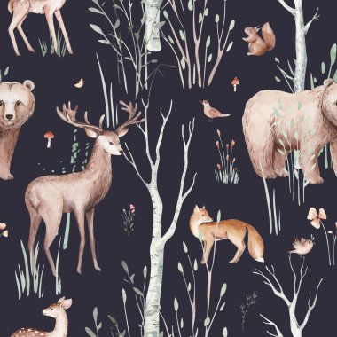 Woodland hayvanları suluboya desenli. Bebek geyikli kumaş duvar kağıdı ormanı, Baykuş, tilki ve kelebek, orman tavşanı, ayı ve kuş yavrusu yuvası