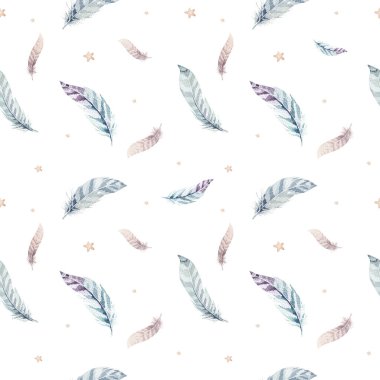 Tüy deseni. Suluboya zarif bir arkaplan. Suluboya renk organik tasarım baskısı. Elle çizilmiş şık duvar kâğıdıyla kusursuz renkli boho dokusu. Kuş çizimi.