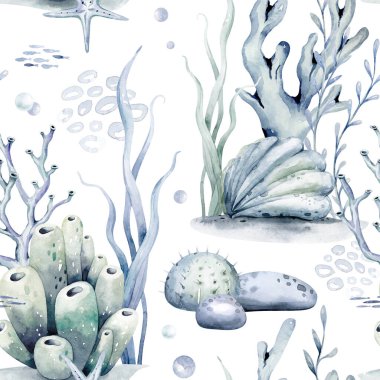 Su altı dünyası, balık, balina, köpekbalığı, yunus, denizyıldızı, denizanası, alg ve deniz kabukları ile suluboya desenleri