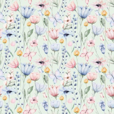 Soyut mavi çiçekler ve yapraklarla kusursuz bir çiçek deseni. Kırsal vintage tarzı, tekstil veya duvar kağıtları arka planında suluboya renkli baskı.