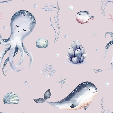 Su altı dünyası, balık, balina, köpekbalığı, yunus, denizyıldızı, denizanası, alg ve deniz kabukları ile suluboya desenleri