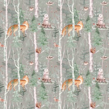 Woodland hayvanları suluboya desenli. Bebek geyikli kumaş duvar kağıdı ormanı, Baykuş, tilki ve kelebek, orman tavşanı, ayı ve kuş yavrusu yuvası
