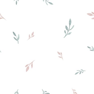 Kusursuz suluboya desenli çiçek desenleri pembe çiçek unsurları, beyaz arka planda yeşil yapraklar ambalajlar, duvar kağıtları, tebrik kartları, düğün davetiyeleri.