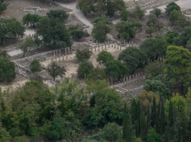 Aerial closeup view of ancient Olympia ruins in Greece