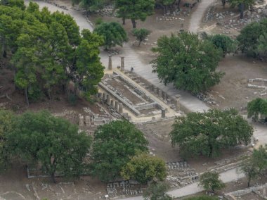 Aerial closeup view of ancient Olympia ruins in Greece