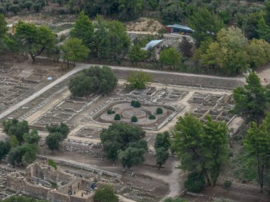 Aerial closeup view of ancient Olympia ruins in Greece