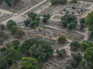 Aerial closeup view of ancient Olympia ruins in Greece