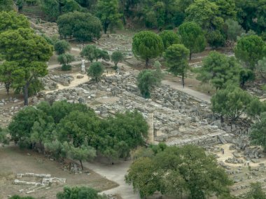 Aerial closeup view of ancient Olympia ruins in Greece