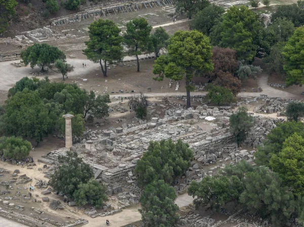 Aerial closeup view of ancient Olympia ruins in Greece