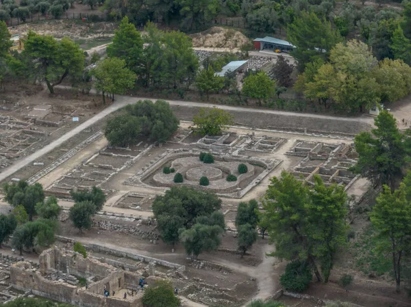 Aerial closeup view of ancient Olympia ruins in Greece