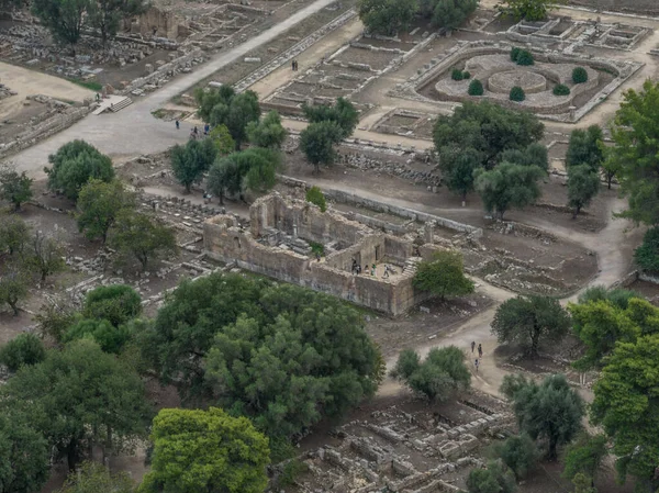 Aerial closeup view of ancient Olympia ruins in Greece