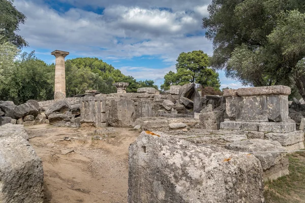 Ruins of an ancient, classical Greek temple from the 5th century B.C. dedicated to the god Zeus in Olympia Greece